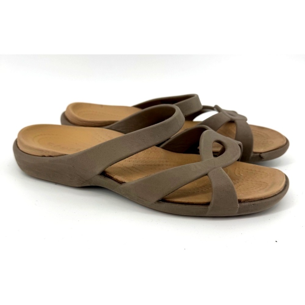 Crocs Meleen Twist Sandals Womens 9 taupe Brown Slide Strappy casual minimalist